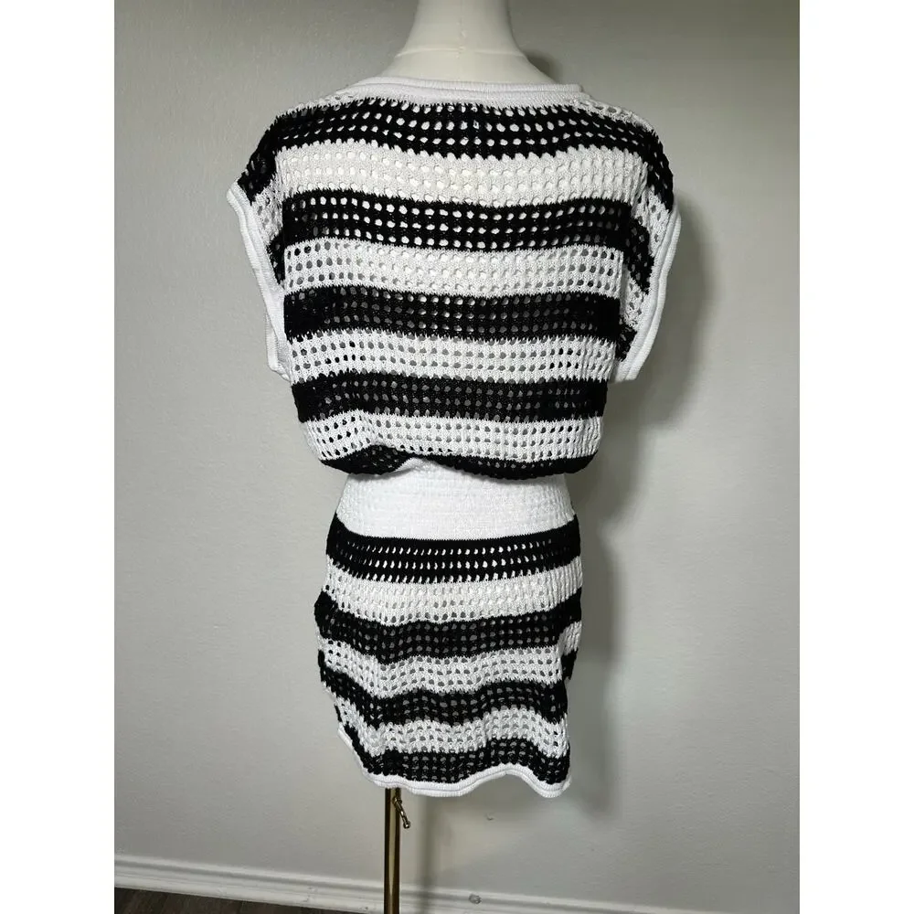 DKNY Beachwear Crochet Cover Up Dress Black White Striped Size S - Picture 5 of 6